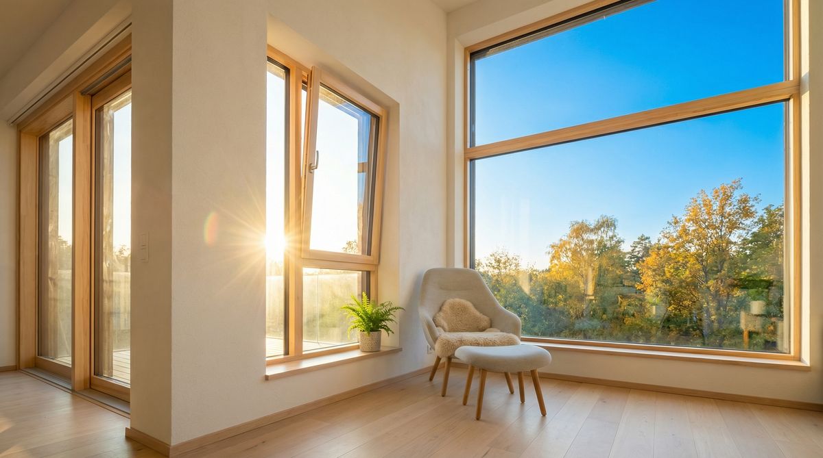 Modernes Wohnzimmer mit verschiedenen Fenstertypen und natürlichem Tageslicht