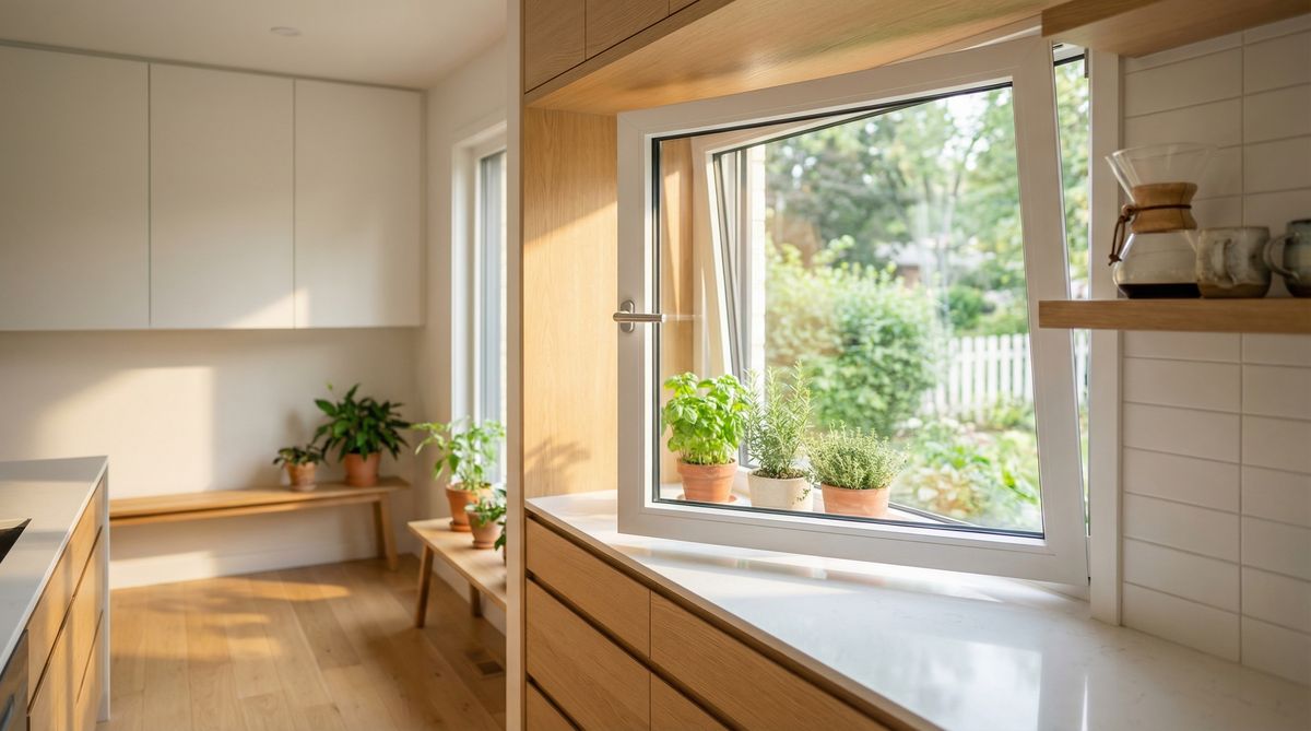 Helle moderne Küche mit gekipptem Fenster und Kräutern auf der Fensterbank