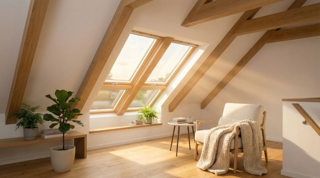 Modernes ausgebautes Dachgeschoss mit großen Dachfenstern und natürlichem Tageslichteinfall