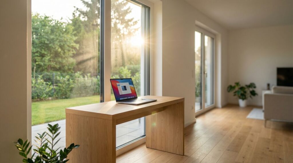 Laptop mit Fenster-Konfigurator auf Schreibtisch vor großen modernen Fenstern mit Gartenblick