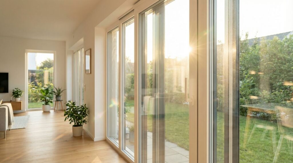 Modernes Wohnzimmer mit hochwertigen Sicherheitsglas-Fenstern und Blick in den Garten