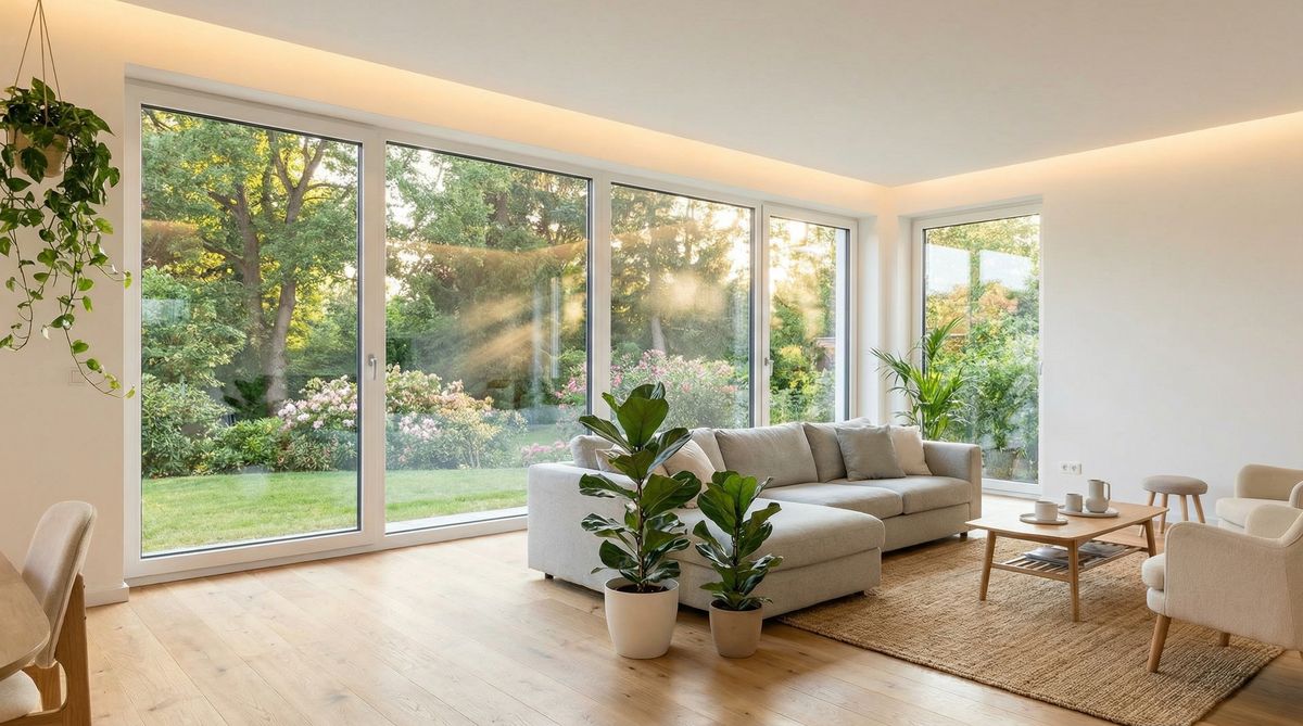 Moderner Altbau-Wohnraum mit großen neuen Fenstern und natürlichem Lichteinfall