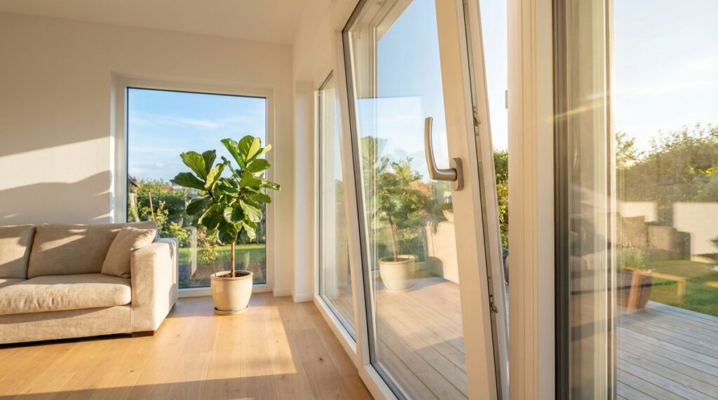 Modernes Dreh-Kipp-Fenster in gekippter Position in einem hellen Wohnzimmer mit Tageslicht