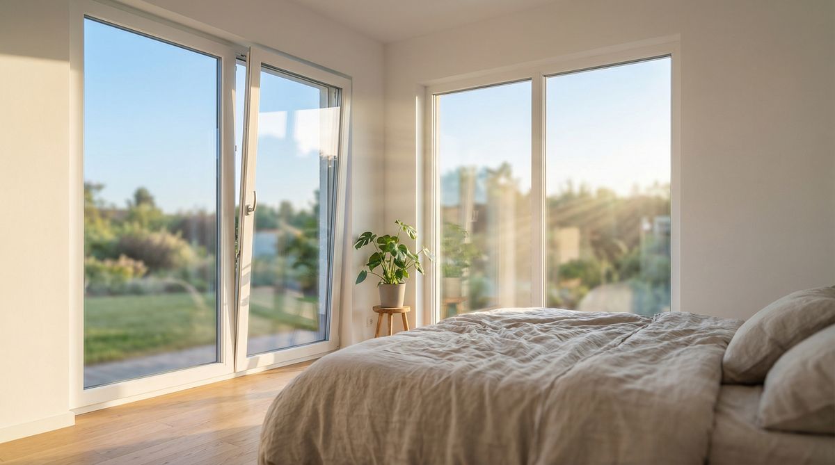 Zwei moderne Dreh-Kipp-Fenster in einem hellen Schlafzimmer mit natürlichem Lichteinfall
