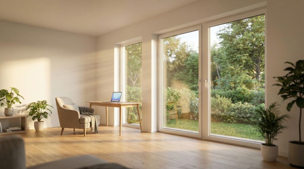 Modernes Wohnzimmer mit großen Fenstern - Fenster Konfigurator online nutzen