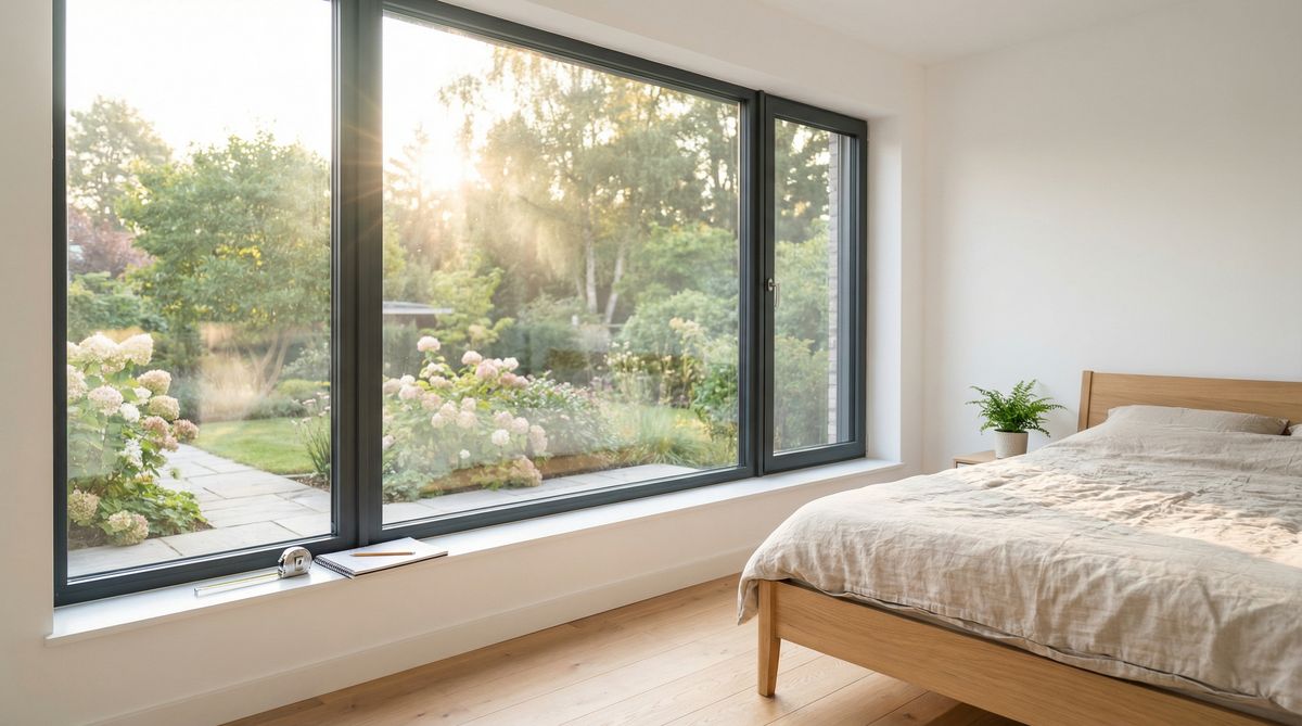 Schlafzimmer mit bodentiefem Fenster in Anthrazitgrau - Fenster online konfigurieren