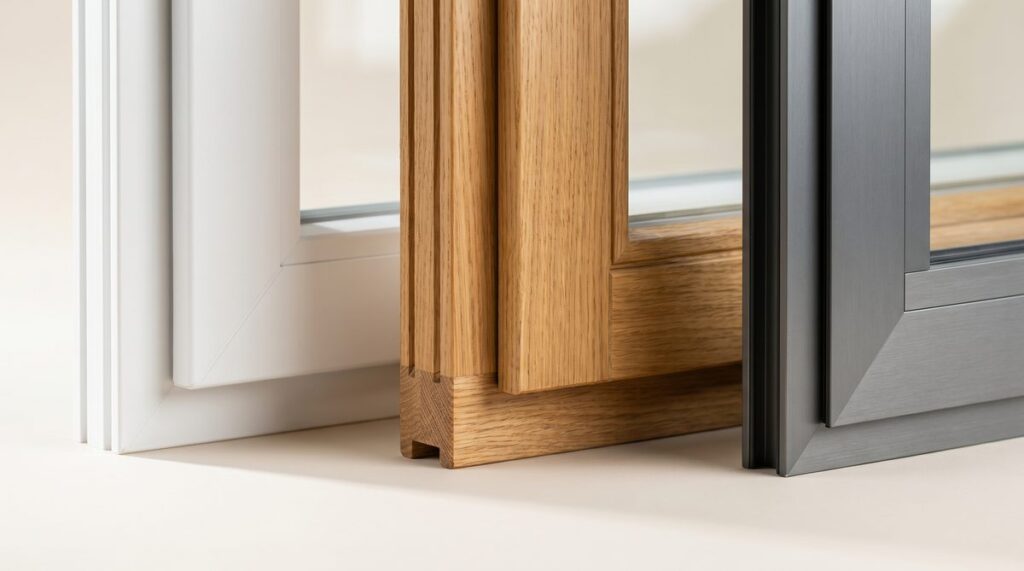 Drei Fensterrahmen im Detailvergleich: Kunststoff, Holz und Aluminium nebeneinander