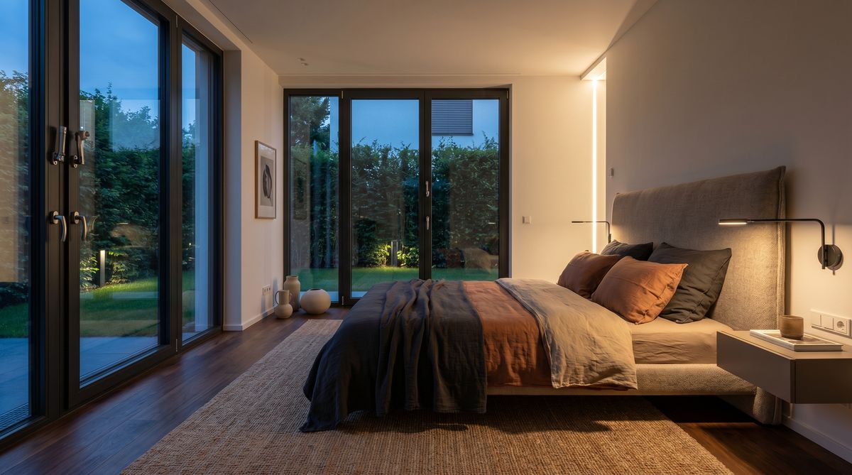 Modernes Schlafzimmer mit Sicherheitsfenster und Pilzkopfverriegelung