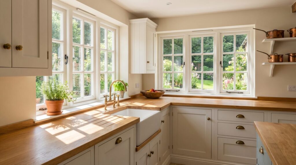 Klassisches weisses Sprossenfenster in einer Landhausküche mit Morgenlicht und Blick in den Garten