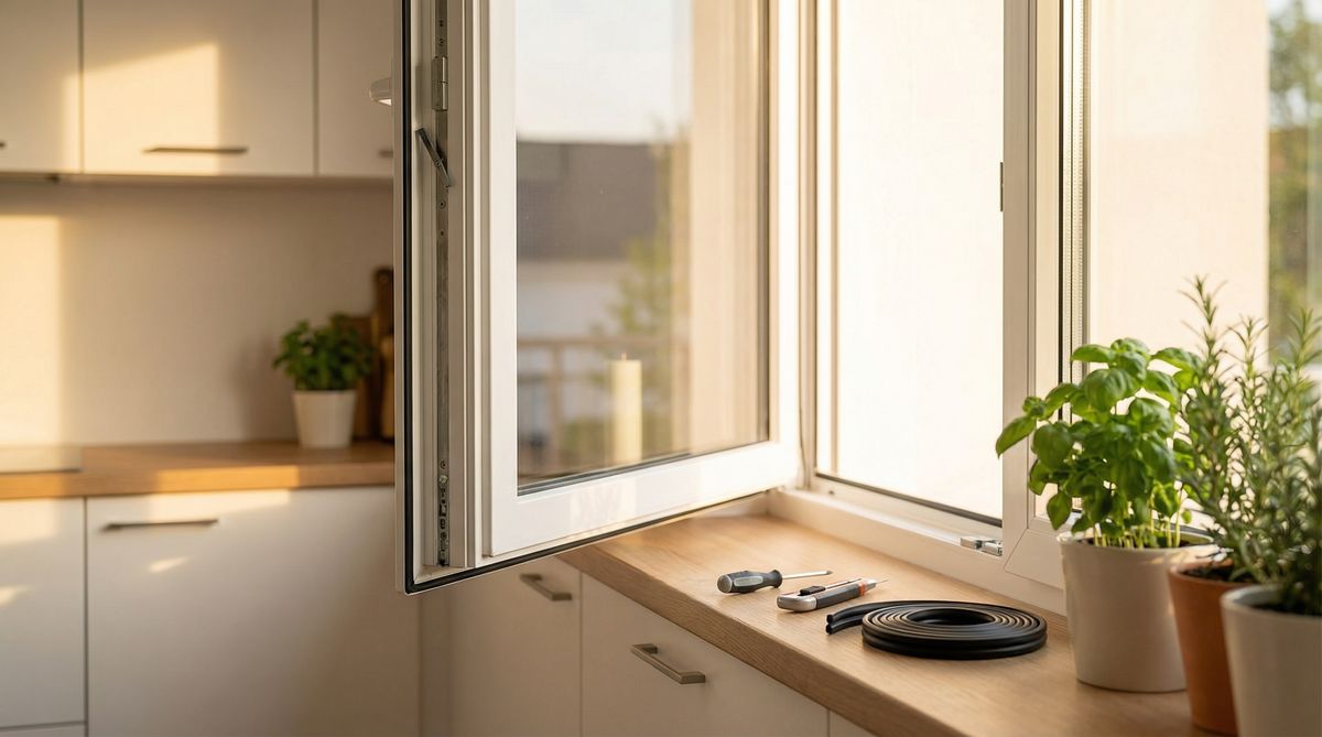 Fensterdichtung tauschen in der Küche: Werkzeug und neue Gummidichtung am Fensterrahmen