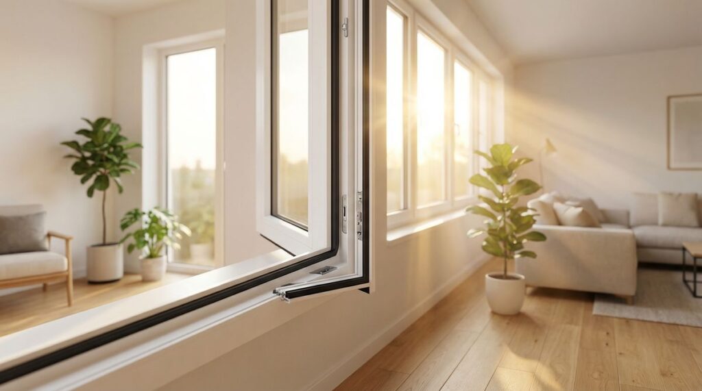 Fensterdichtung tauschen: Modernes Wohnzimmer mit hellen Fenstern und sichtbarer Fensterdichtung