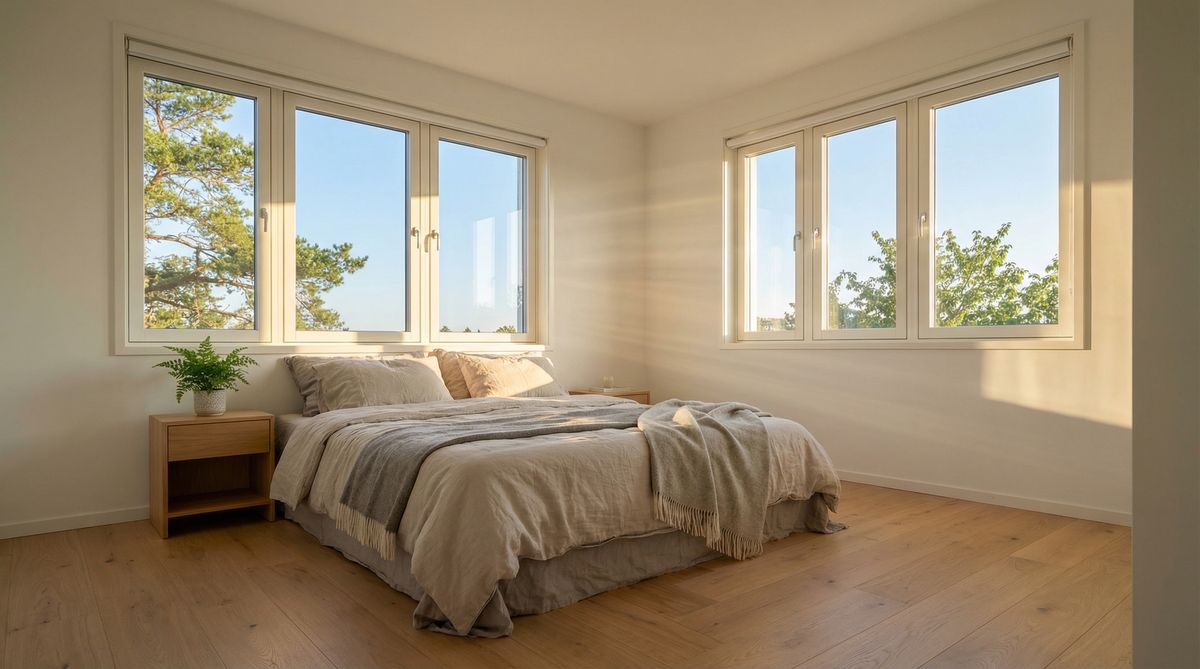 Helles Schlafzimmer mit modernen Fenstern – Energieeffizienz und Wohnkomfort durch neue Fenster