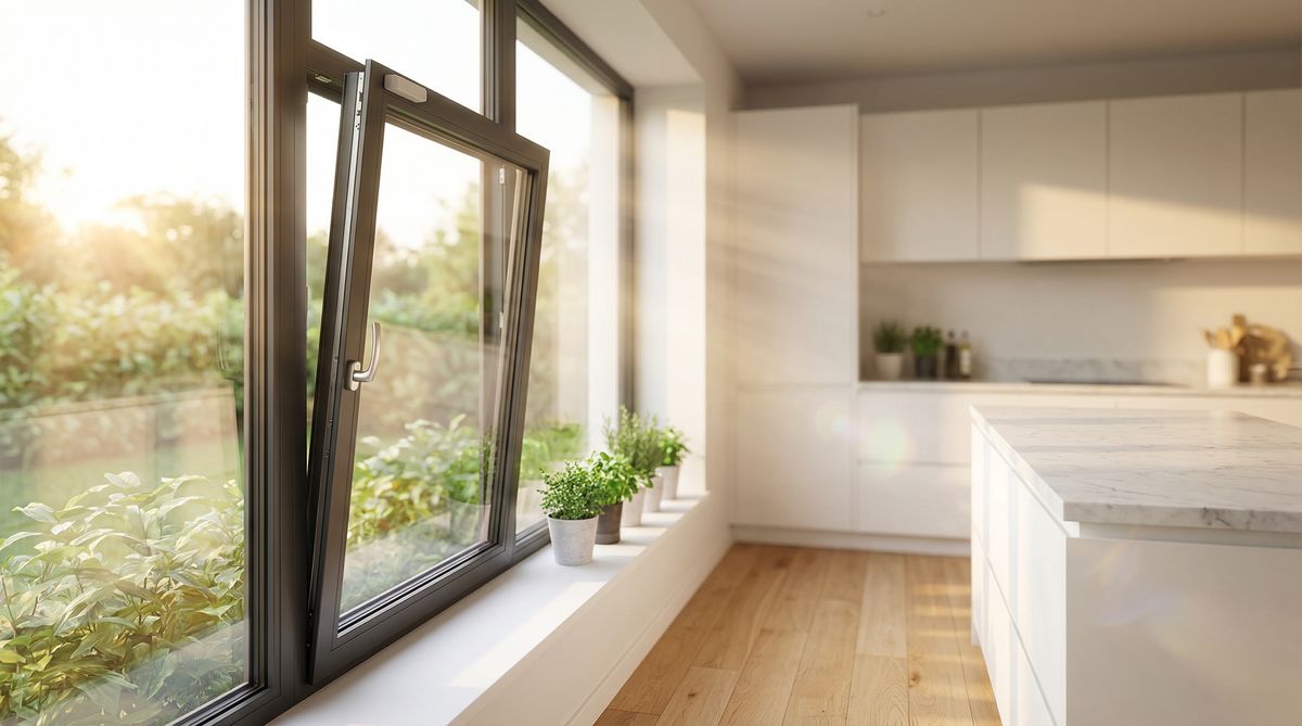 Automatisiertes Smart Window in moderner Küche mit Sensor-Steuerung und Tageslicht