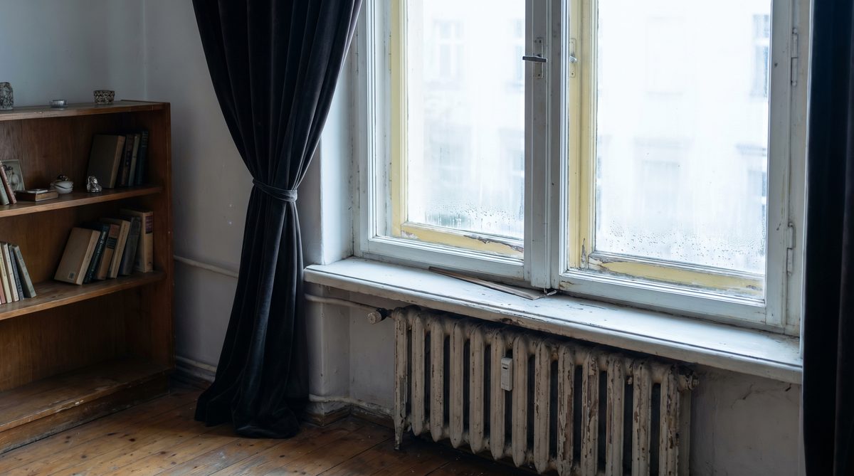 Alte Fenster mit sichtbaren Alterungsanzeichen – Kondenswasser und veraltete Rahmen im Wohnzimmer