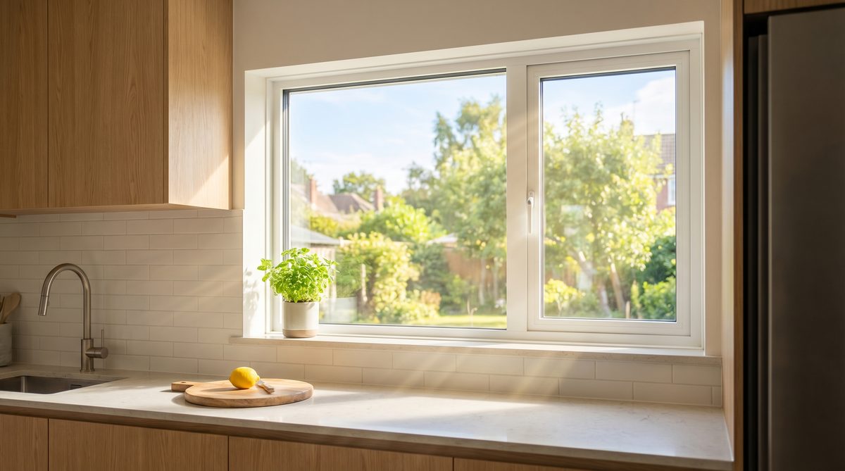 Moderne Fenster mit Dreifachverglasung in einer hellen Küche als Alternative zu alten Fenstern