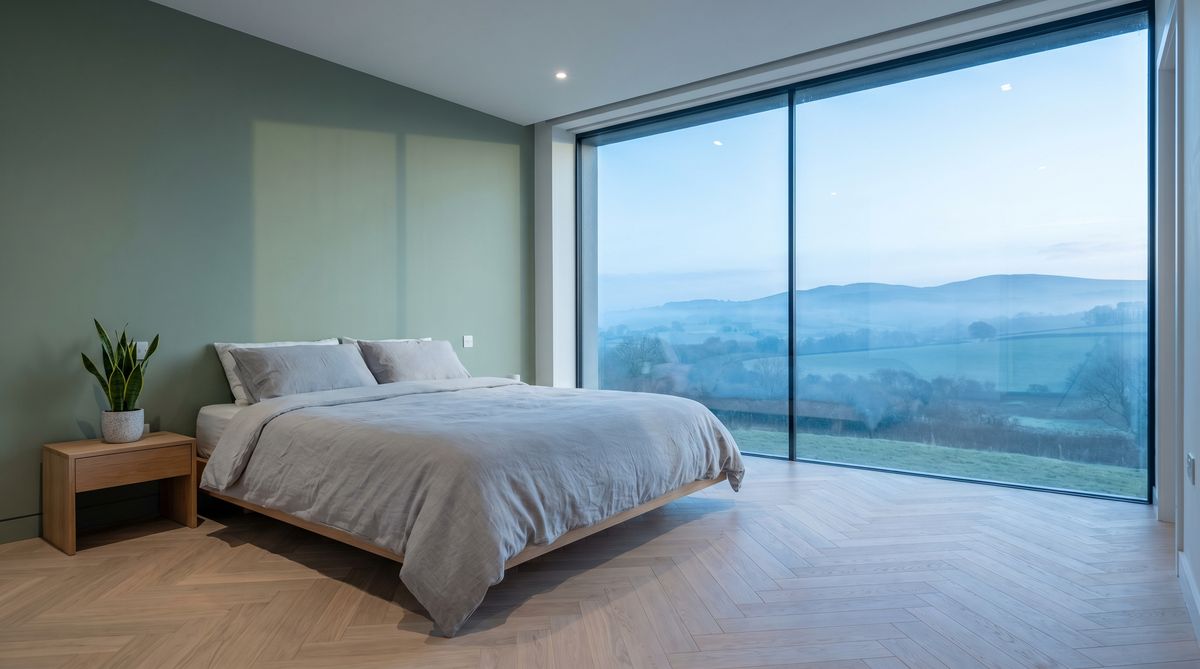 Bodentiefes Fenster im Schlafzimmer mit Morgenlicht und Landschaftsblick
