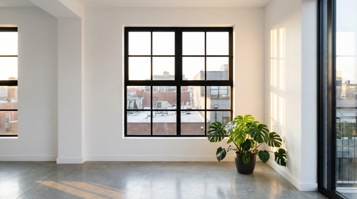 Modernes schwarzes Sprossenfenster im Industrial-Loft mit minimalistischer Kreuzprosse
