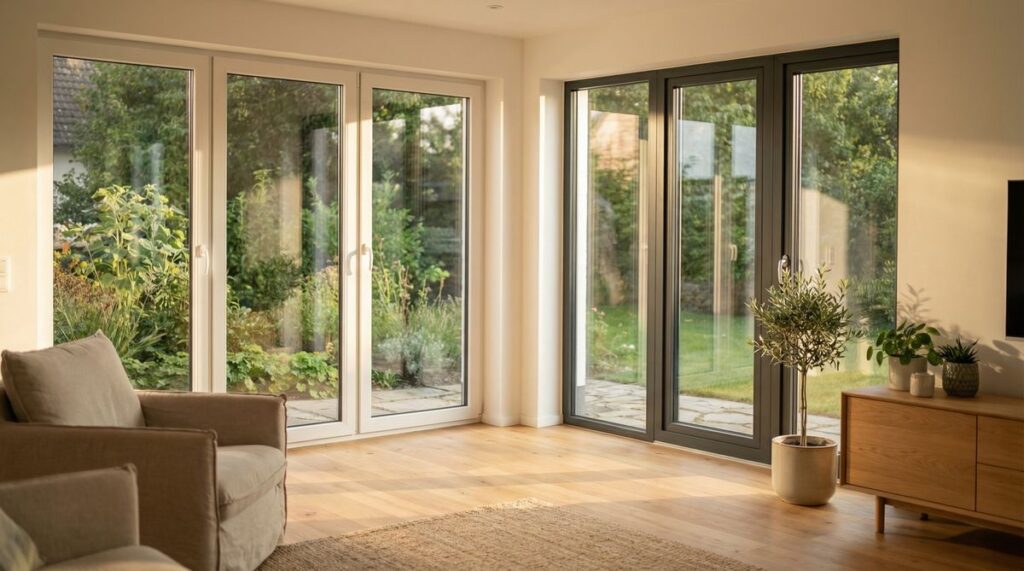Fenster Hersteller Vergleich: Moderne Fenster mit verschiedenen Rahmenprofilen in einem hellen Wohnzimmer mit Tageslicht