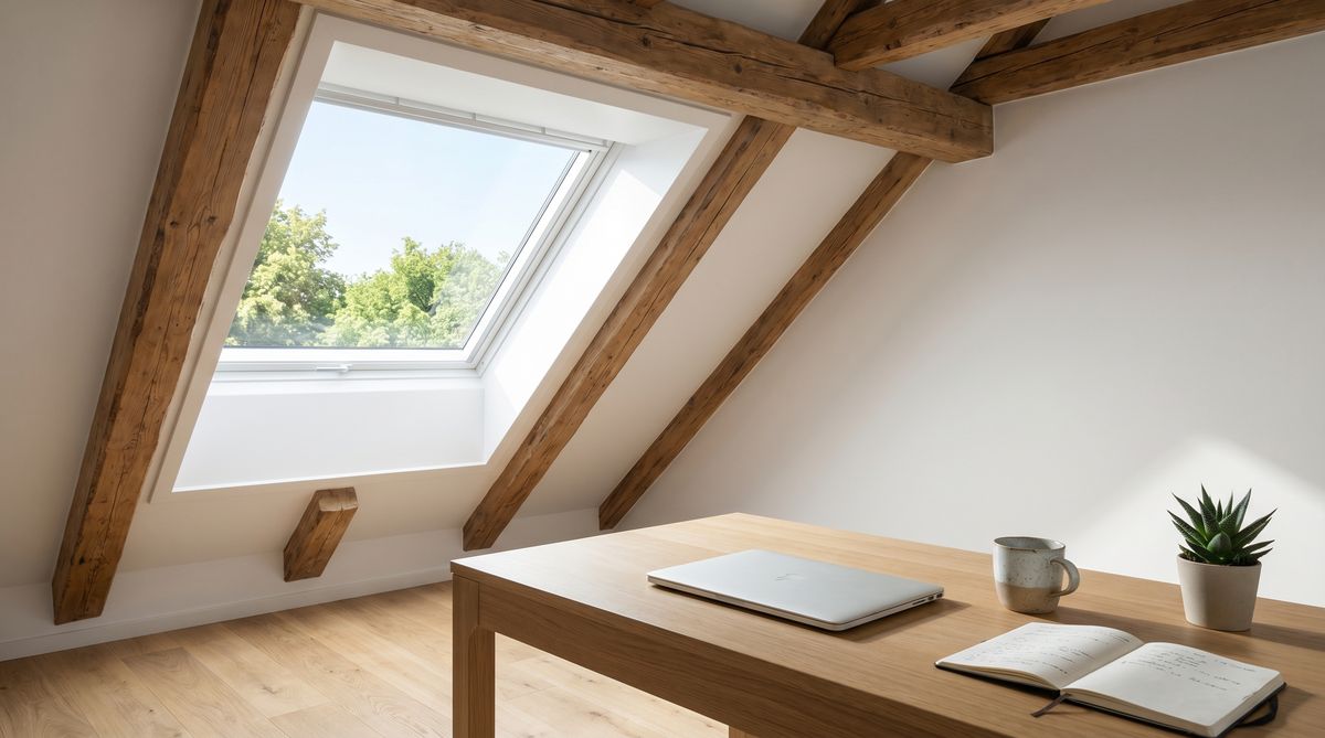 Homeoffice im Dachgeschoss mit Tageslicht durch Dachfenster fuer mehr Produktivitaet