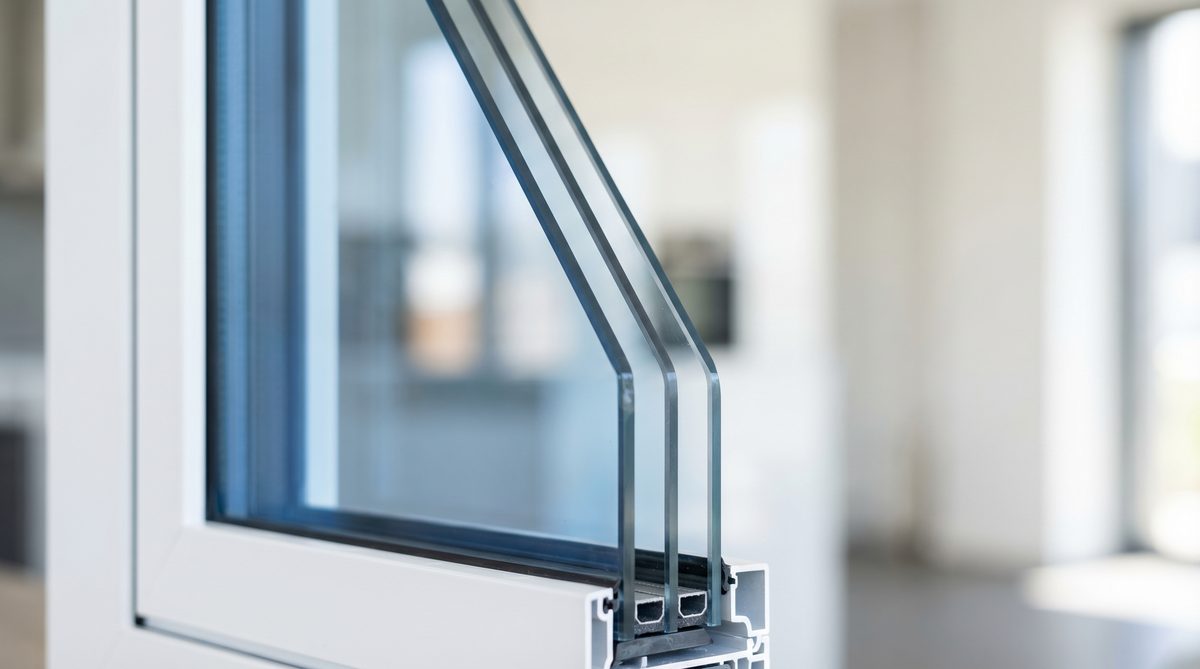 Nahaufnahme einer Dreifachverglasung mit drei Glasscheiben und zwei gasgefüllten Zwischenräumen
