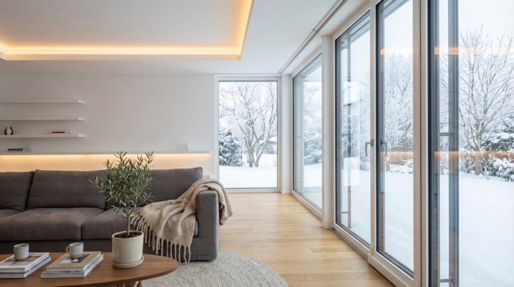 Modernes Wohnzimmer mit Dreifachverglasung im Winter