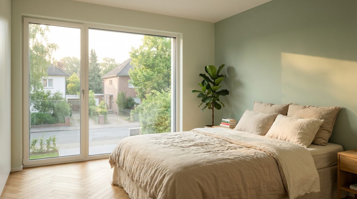 Ruhiges Schlafzimmer mit Dreifachverglasung als Schallschutz, sanftes Morgenlicht