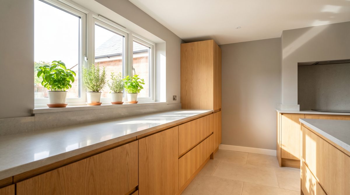 Helle Küche mit frisch eingebautem Fenster und Morgenlicht