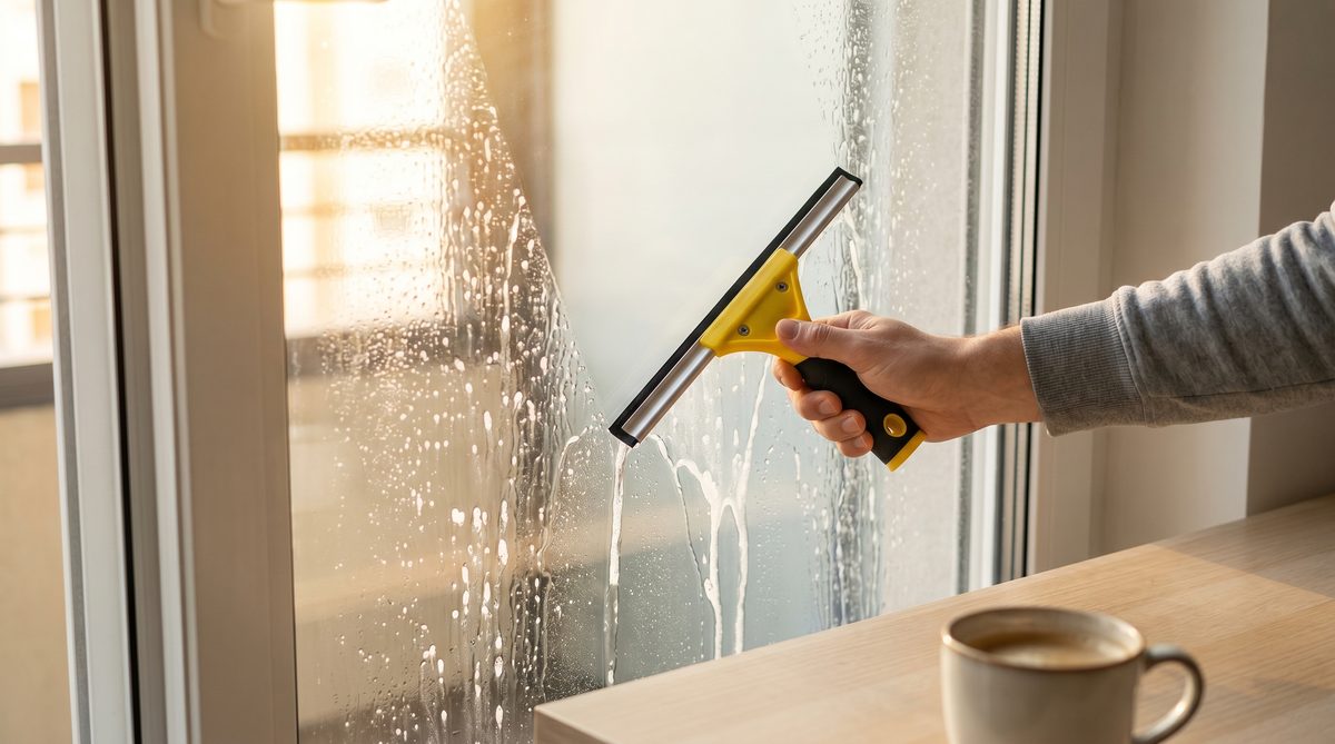 Fenster putzen mit professionellem Abzieher - streifenfreie Technik bei Tageslicht