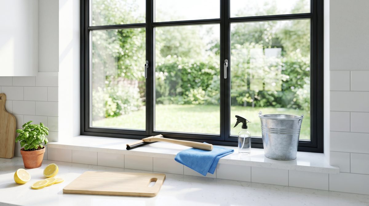 Fensterputz-Equipment mit Abzieher, Mikrofasertuch und Sprühflasche auf einer hellen Küchenfensterbank