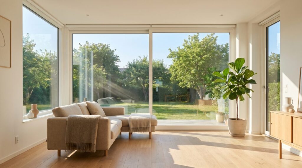Streifenfrei geputzte Fenster in hellem modernen Wohnzimmer mit bodentiefen Fenstern und Blick in den Garten