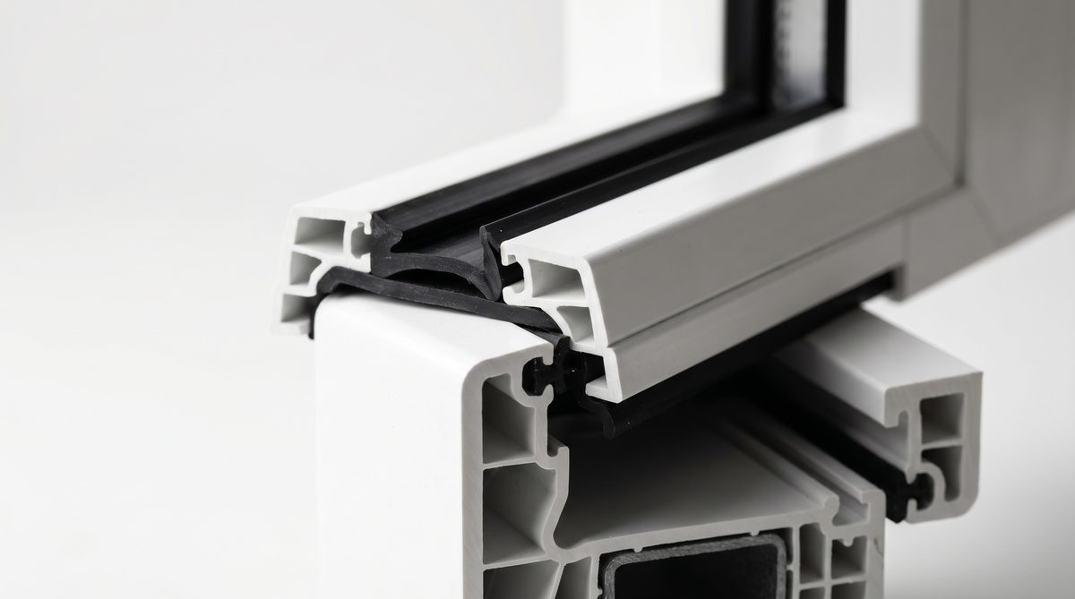 Nahaufnahme Kunststoff-Fensterrahmen Profil mit Dichtungsband