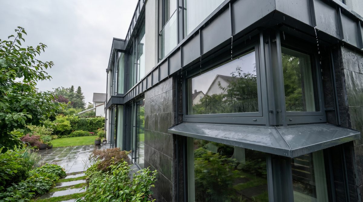 Moderne Anthrazit-Aluminium-Außenfensterbänke an einer Hausfassade im Regen