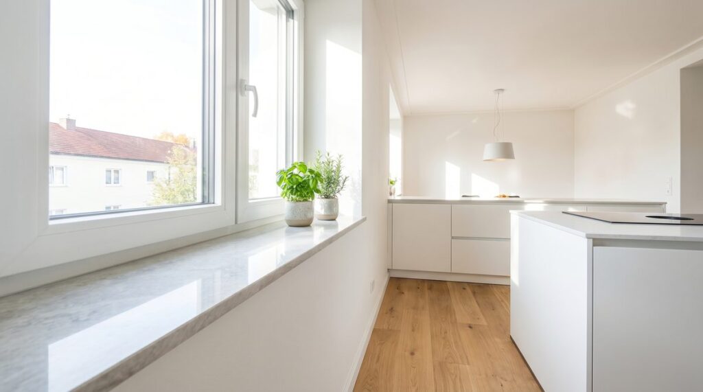 Moderne weiße Fensterbank innen in heller Küche mit Marmor-Optik, frisch eingebaut