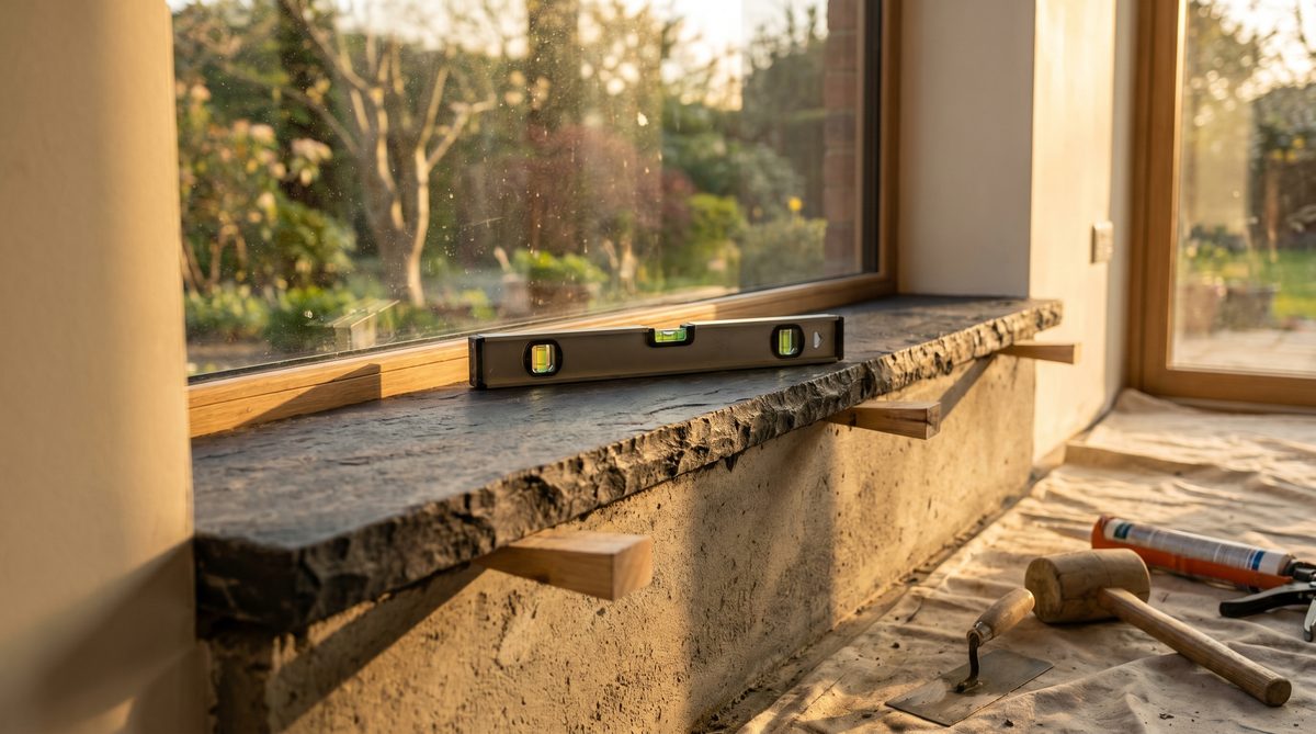 Naturstein-Fensterbank wird mit Wasserwaage ausgerichtet beim Einbau im Wohnzimmer