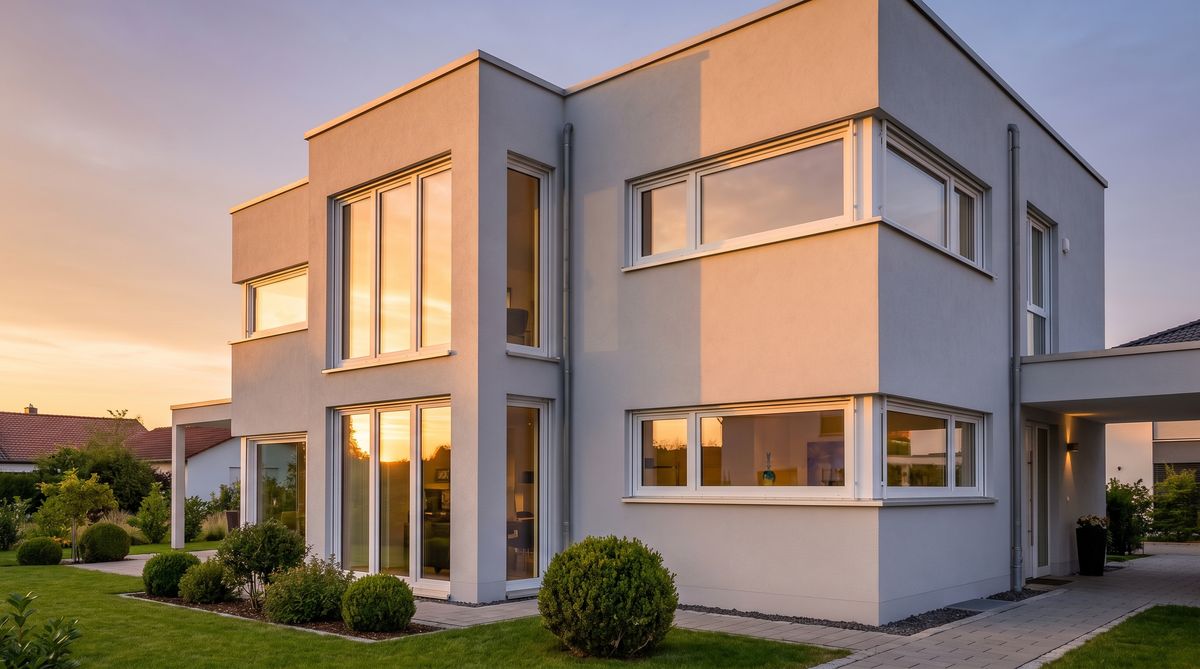 Hausfassade mit neuen energieeffizienten Fenstern nach Sanierung - steuerlich absetzbar