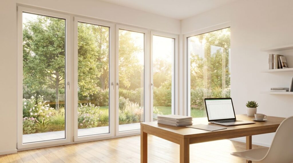 Modernes Home Office mit großen energieeffizienten Fenstern - Fenstertausch steuerlich absetzen