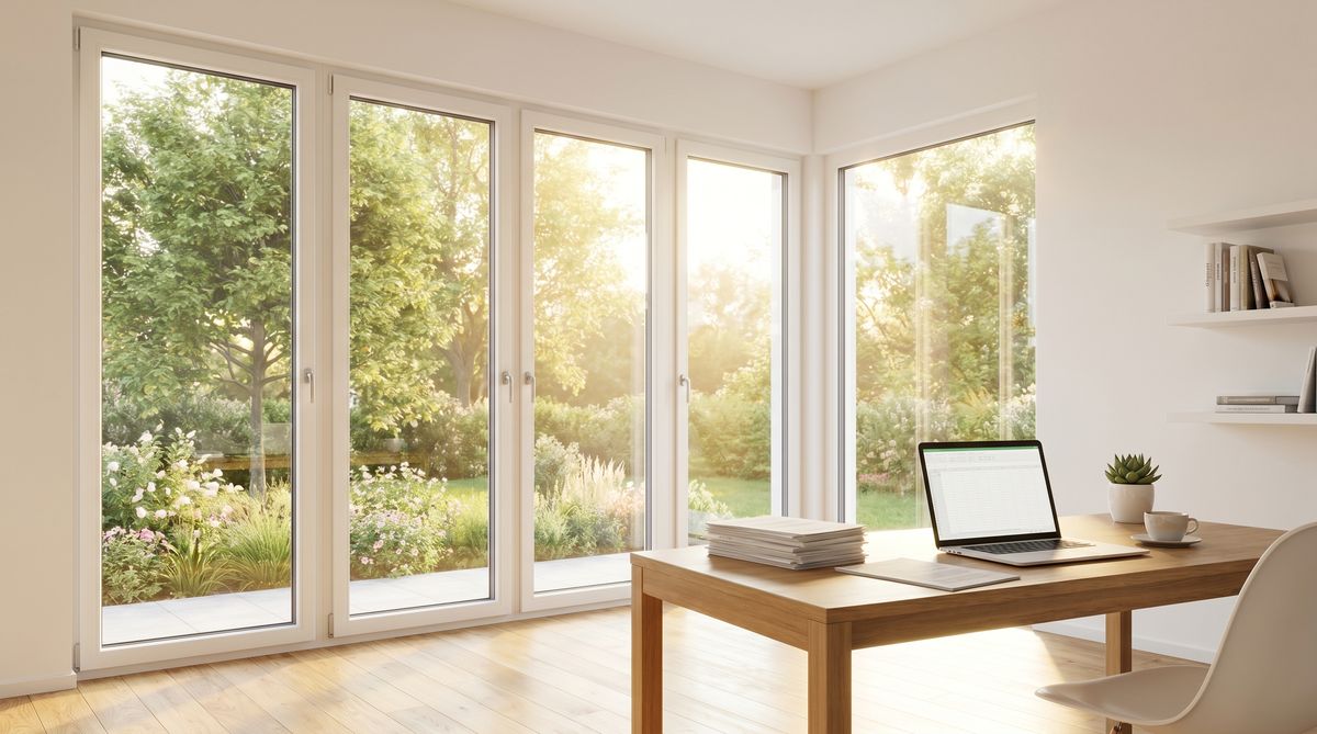 Modernes Home Office mit großen energieeffizienten Fenstern - Fenstertausch steuerlich absetzen