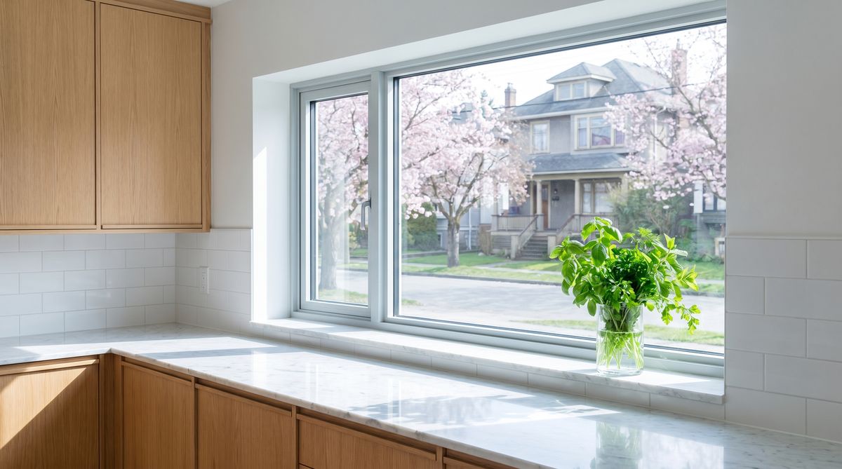 Helle Küche mit modernen energieeffizienten Fenstern - Beispiel für steuerlich absetzbaren Fenstertausch
