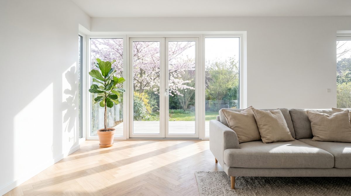 Moderne Kunststofffenster in hellem Wohnzimmer mit skandinavischer Einrichtung