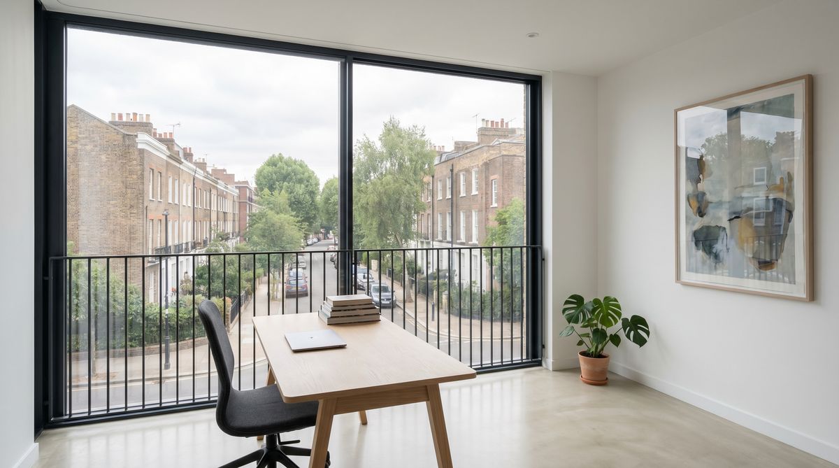 Bodentiefes Fenster im Homeoffice mit französischem Balkon und Stadtblick