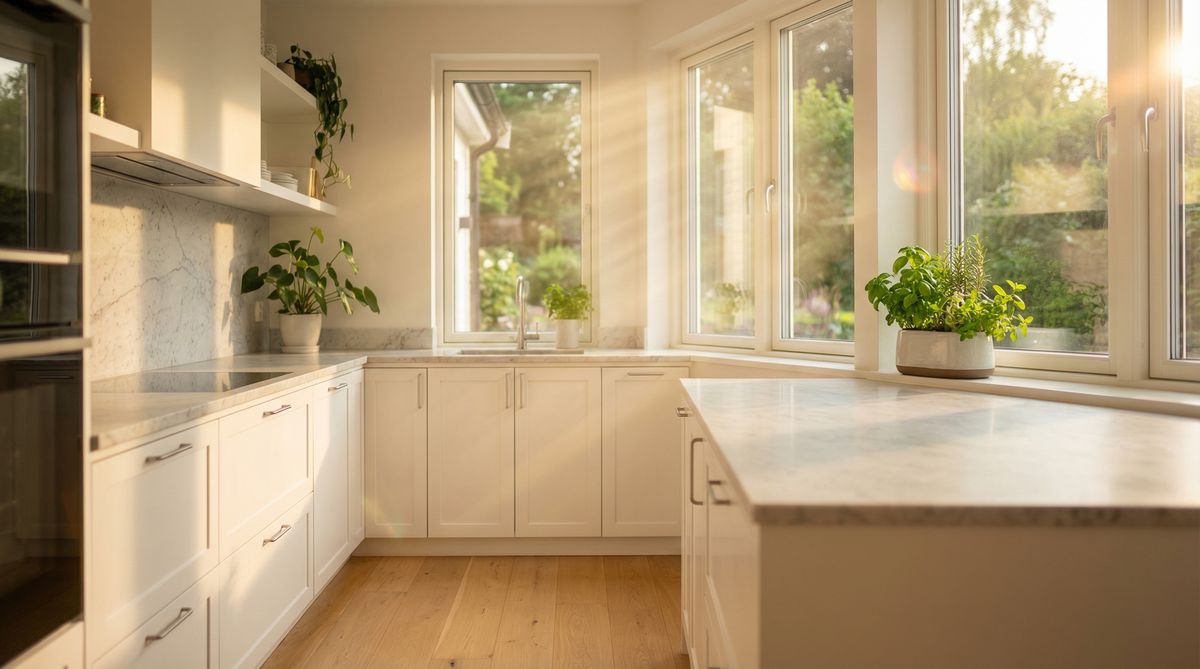 Moderne Küche mit energieeffizienten Fenstern und Gartenblick – U-Wert nach GEG