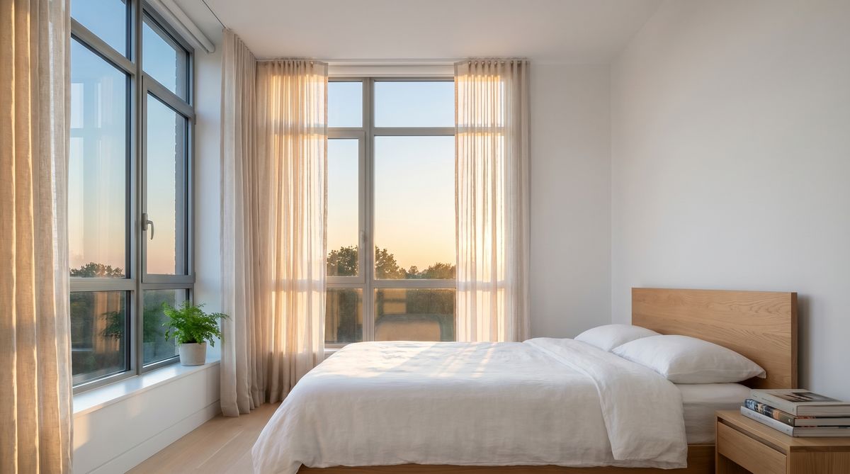 Helles Schlafzimmer mit Tageslicht durch Ostfenster fuer gesunden Schlafrhythmus