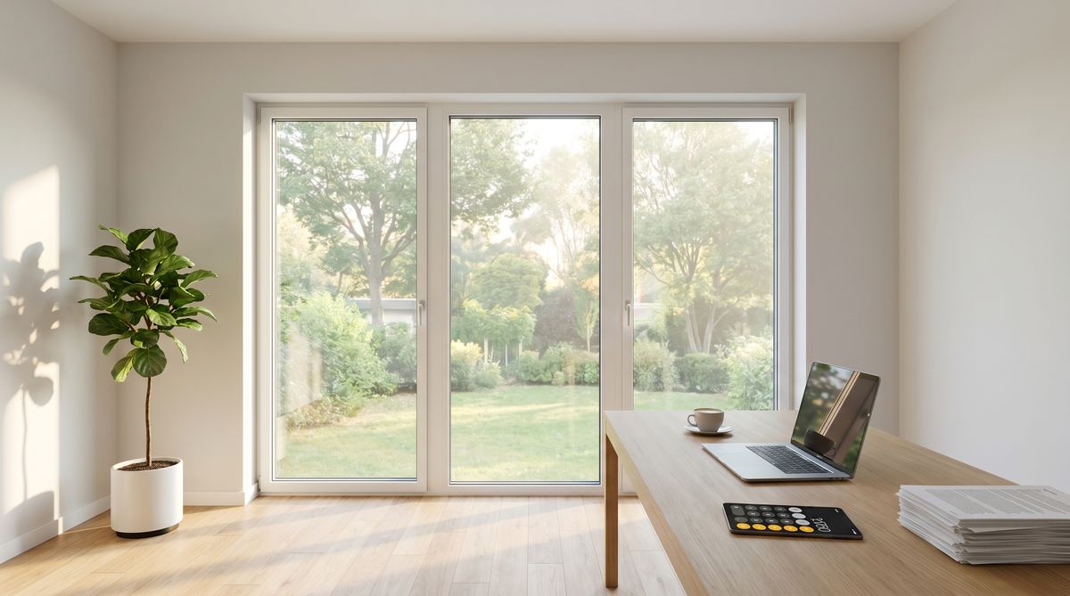 KfW Kredit für Fenstertausch – Sanierungsplanung am Schreibtisch mit Blick durch großes energieeffizientes Fenster