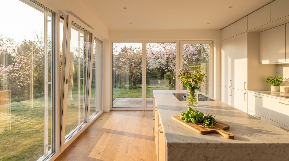 Moderne Küche mit bodentiefen Dreifachverglasungs-Fenstern – förderfähig über KfW und BAFA