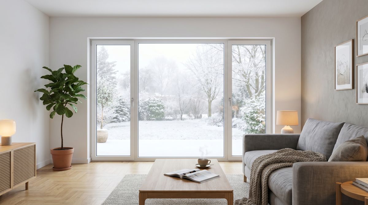 Warmes Wohnzimmer mit Dreifachverglasung – neue Fenster nach KfW-Sanierung halten Kälte draußen