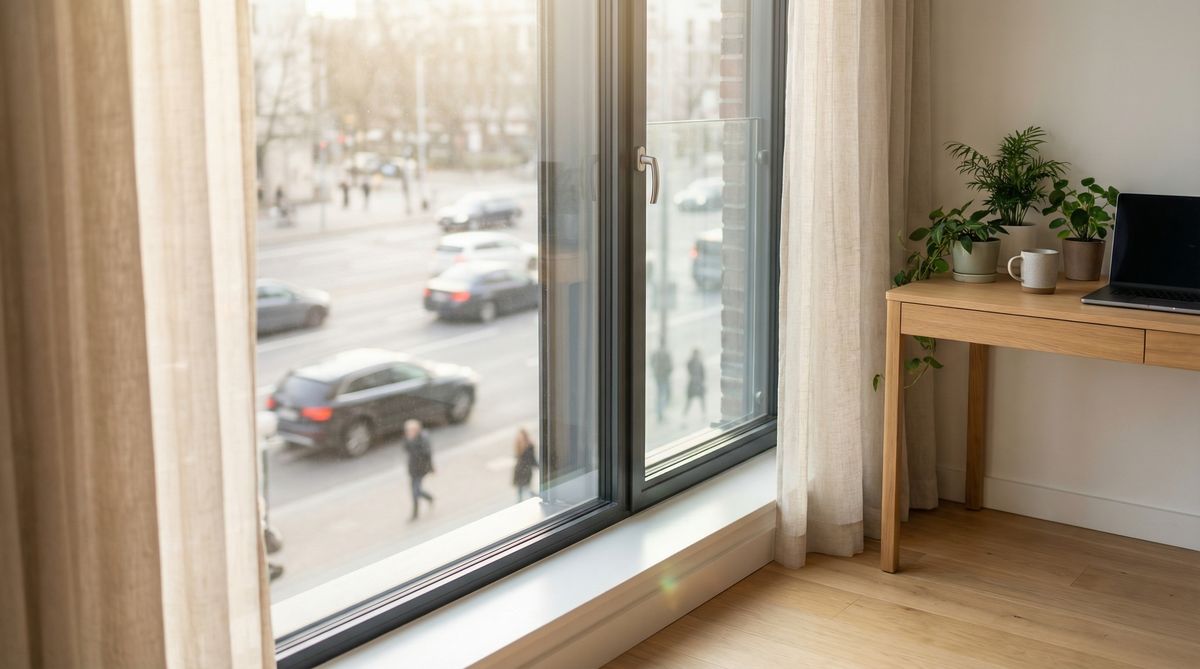 Homeoffice mit Fenstern und nachgerüsteter Vorsatzscheibe für verbesserten Schallschutz