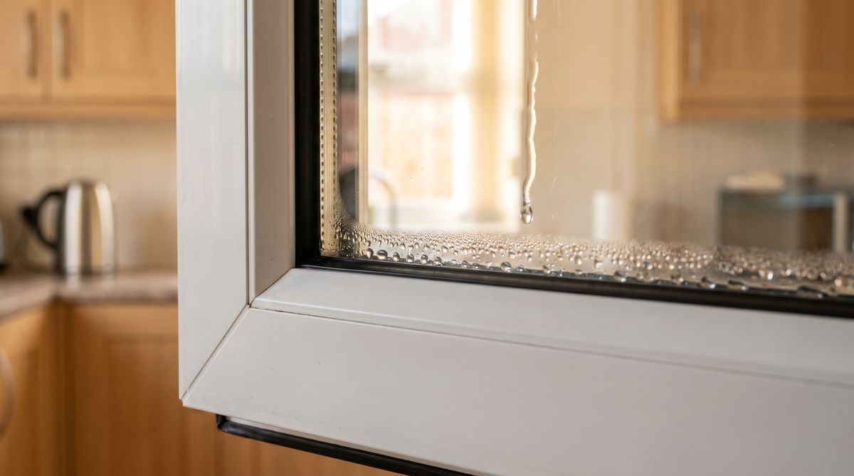 Detailaufnahme von Kondenswasser-Tropfen am unteren Rand einer modernen Fensterscheibe in der Küche