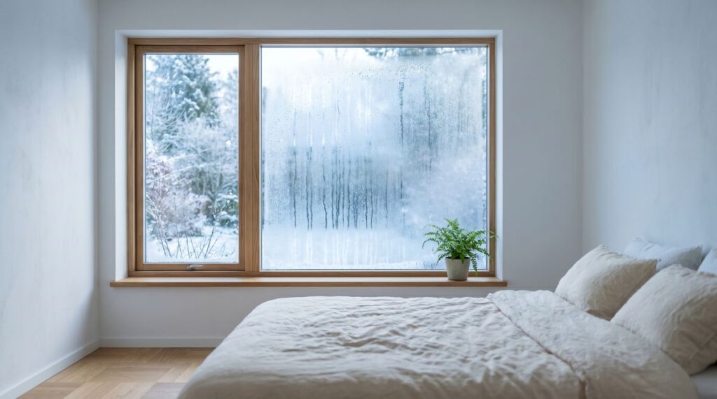 Kondenswasser am Fenster im Schlafzimmer an einem kalten Wintermorgen