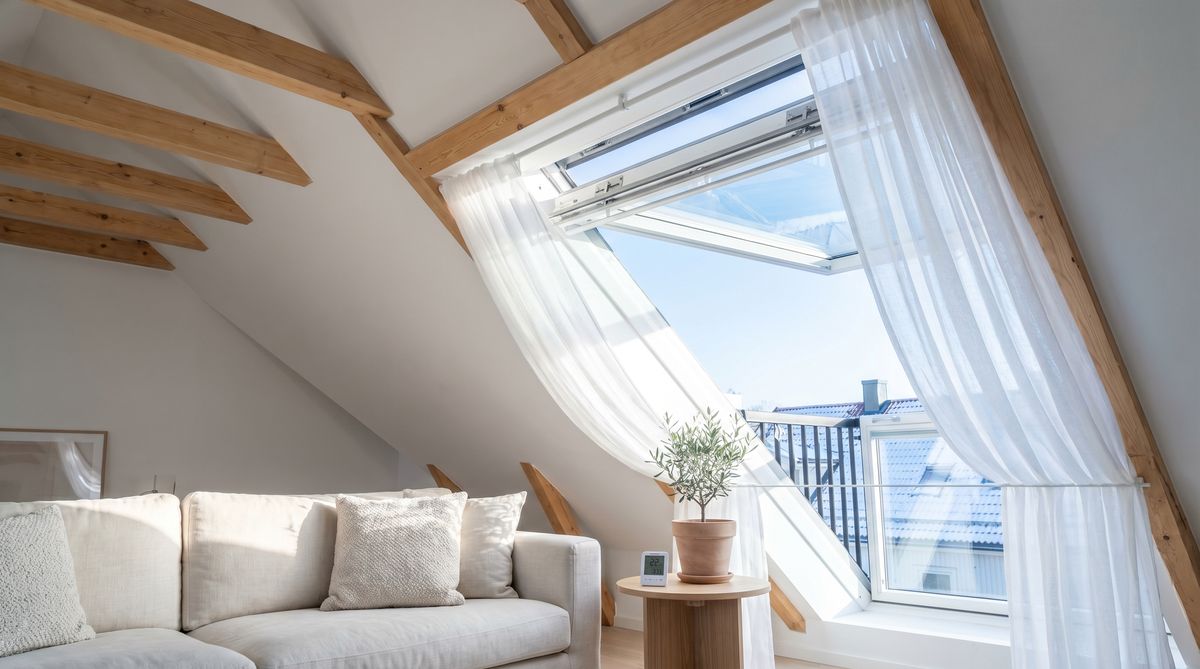 Geöffnetes Dachfenster zum Stoßlüften gegen Kondenswasser im Dachgeschoss