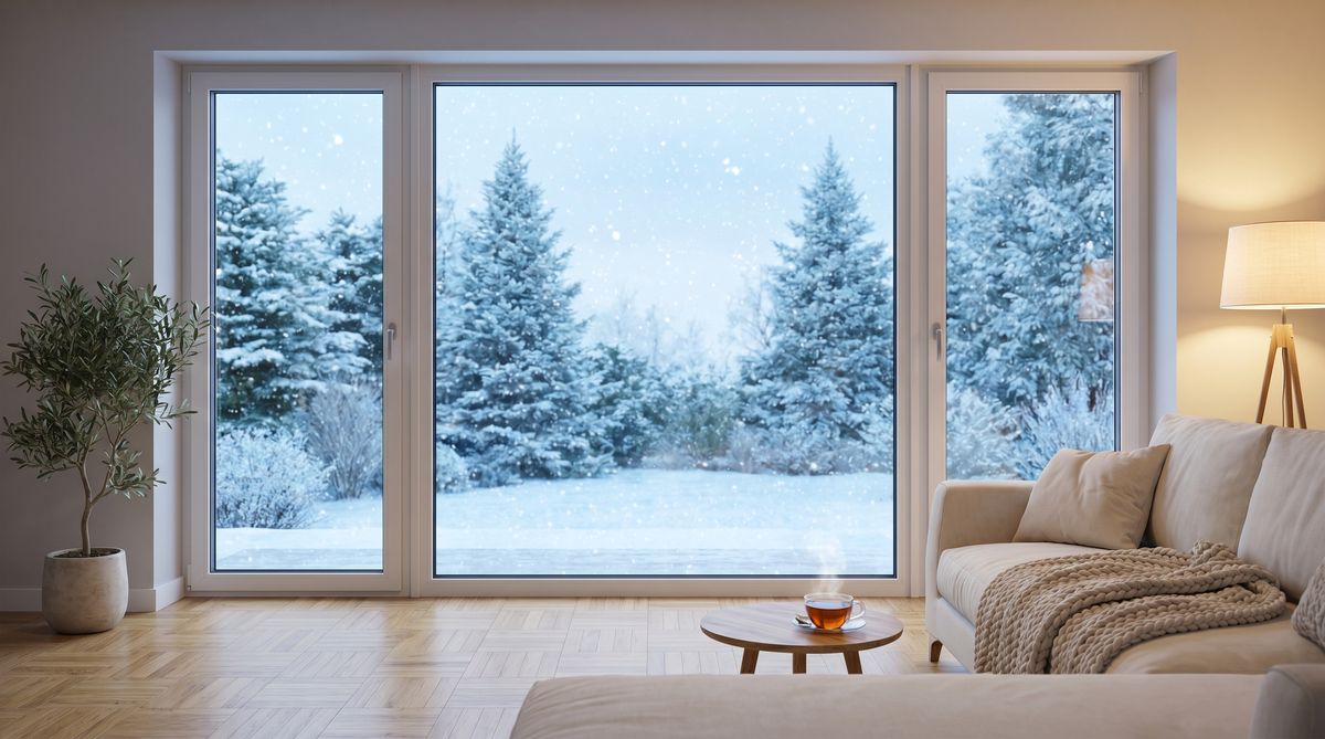 Modernes Wohnzimmer mit dreifach verglastem Fenster im Winter - Energieeffizienz durch Wärmeschutzfenster